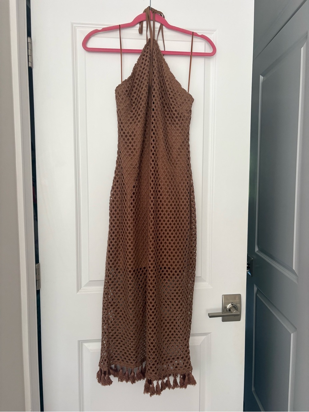 Handmade Brown Crochet Halter Maxi Dress with Tassel Trim